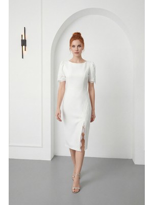Lafaba Kadın Beyaz Dantel Detay Midi Davet Elbisesi