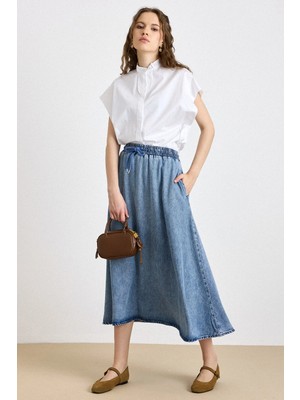 Olcay Beli Lastikli Soft Denim Etek MAVİ 7068