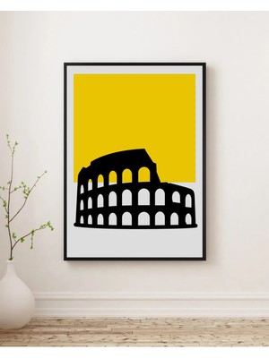Rosaart Kolezyum Silüet Ahşap Çerçeveli Tablo, Roma Minimal, Sarı Fonlu Siyah Silüet - Duvar Dekoru