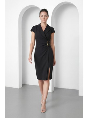 Lafaba Kadın Siyah Kruvaze Yaka Düğme Detay Midi Davet Elbisesi