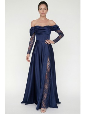 Lafaba Kadın Lacivert Dar Kalıp Dantel Detaylı Uzun Saten Abiye Elbise