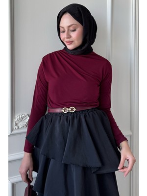 inStyle Omuzu Pileli Bordo Bluz