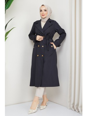 inStyle Kruvaze Yaka Kuşaklı Astarlı Siyah Trençkot