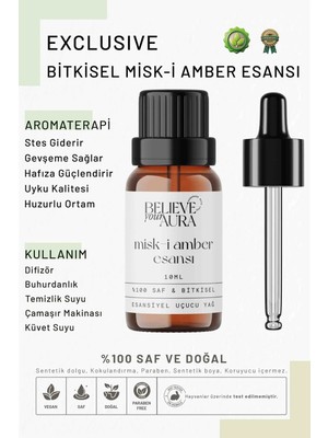 Believe Your Aura Bitkisel Misk-I Amber Esansı - %100 Saf Buhurdanlık Difizör Exclusive Ortam Kokusu - 10 ml