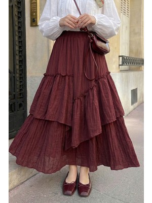 inStyle Büzgülü Kat Kat Bordo Vual Etek