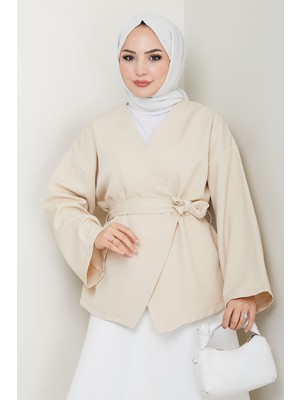 inStyle Kuşaklı Tek Düğmeli Double Kimono Taş