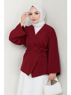 inStyle Kuşaklı Tek Düğmeli Double Kimono Bordo