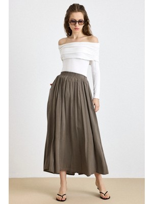 Olcay Beli Lastikli Kloş Modal Etek Haki 7071