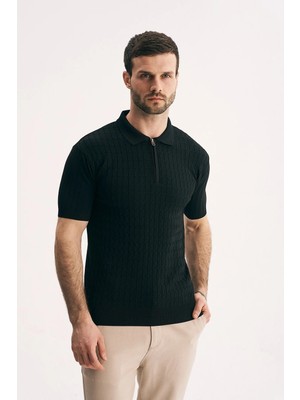 Silvano Erkek Yarım Fermuarlı Dokulu Triko Polo Yaka Tişört