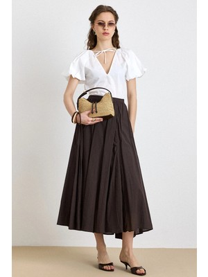 Olcay Beli Büzgülü Poplin Kloş Etek Kahve 7072