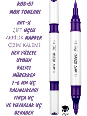 Art-X Çift Uçlu Akrilik Marker Çizim Kalemi Her Yüzeye Uygun Kalıcı Mürekkep 1-6 mm Uç Kalınlıkları