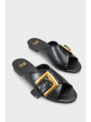 LOJO Kadın Oval Burun Önü Açık Altın Kemer Tokalı Günlük Terlik Atrani Siyah