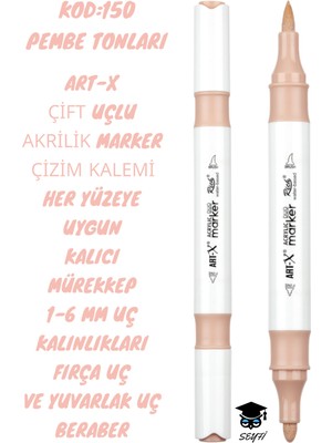 Art-X Çift Uçlu Akrilik Marker Çizim Kalemi Her Yüzeye Uygun Kalıcı Mürekkep 1-6 mm Uç Kalınlıkları