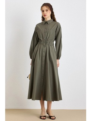 Olcay Göğüs Cepli Beli Lastikli Poplin Elbise Haki 9286-E