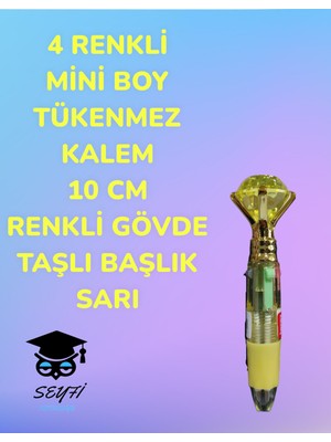 Seyfi Kırtasiye 4 Renkli  Mini Boy Tükenmez Kalem 10 cm  Renkli Gövde Taşlı Başlık Çok Renkli Tükenmez Kalem