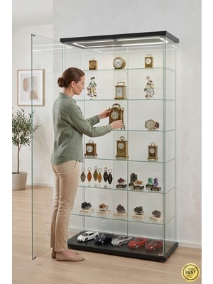 Artinoks Home Ledli Geniş Çift Kapaklı Camlı Koleksiyon Vitrini Dolap Kitaplık Raflı Detolf Gümüşlük Sergi Dolabı