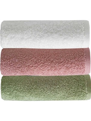 BYBOSS 3 Lü Düz Renk El Yüz Havlu Seti %100 Pamuklu 50X90 cm Yeşil Gül Beyaz