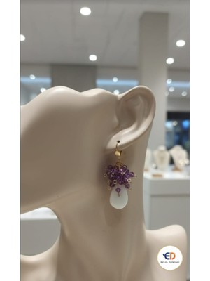 Eylül Dünyası El Yapımı-Mor Beyaz-Saçaklı Küpe (6 Cm)