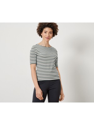 Tchibo Kadın Tişört, Yarım Kollu, Yeşil Çizgili