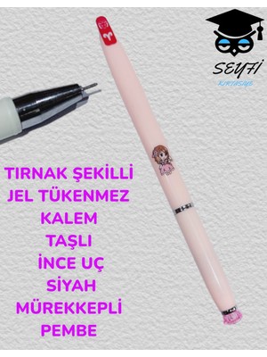 Seyfi Kırtasiye Tırnak Şekilli Jel Tükenmez Kalem Taşlı Inc Uç Siyah Mürekkepli