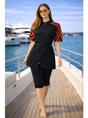 Tesmay Hızlı Kuruyan Mayo Kumaşı Fermuarlı Kısa Kollu Taytlı Kadın Mayo 3416