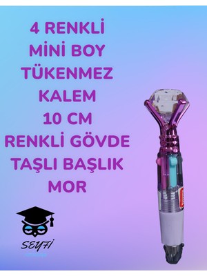 Seyfi Kırtasiye 4 Renkli  Mini Boy Tükenmez Kalem 10 cm  Renkli Gövde Taşlı Başlık Çok Renkli Tükenmez Kalem