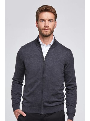 Hemington Extrafine Merino Fermuarlı Antrasit Triko Hırka