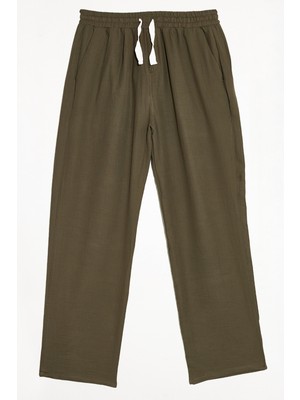 Tudors Erkek Baggy Fit Geniş Kesim %100 Pamuk Beli Lastikli Yandan Cepli Müslin Haki Düz Pantolon