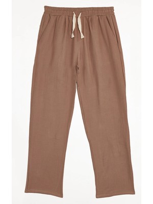Tudors Erkek Baggy Fit Geniş Kesim %100 Pamuk Beli Lastikli Yandan Cepli Müslin Bej Düz Pantolon