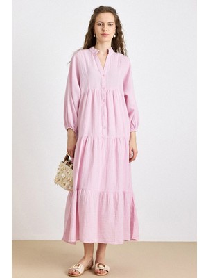 Olcay Yarasa Kol Düğme Detaylı Müslin Salaş Elbise Pudra 9330-E