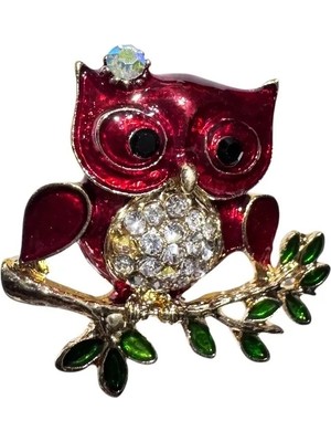 Cesicey Kırmızı Baykuş Broş Zirkon Taşlı Dal Detaylı Gold Renk