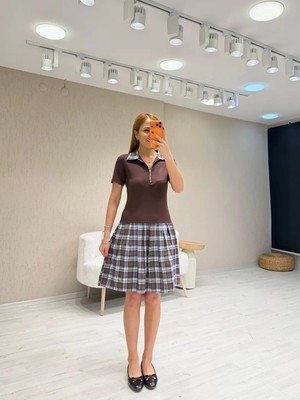 Qimya Butik Şans Life Kadın Polo Fermuarlı Yakası ve Eteği Ekoseli Kısa Kol Kısa Elbise