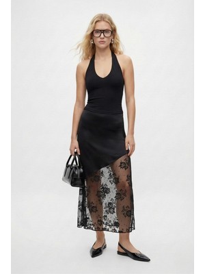 Ritnice Kadın Uliana Dantel Detaylı Siyah Uzun Saten Etek