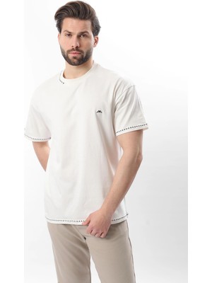 Madmext Ekru Nakış Detaylı Erkek T-Shirt E7112
