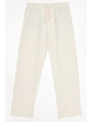 Tudors Erkek Baggy Fit Geniş Kesim %100 Pamuk Beli Lastikli Yandan Cepli Müslin Ekru Düz Pantolon