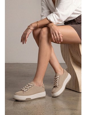 Marjin Kadın Sneaker Yüksek Taban Bağcıklı Bez Spor Ayakkabı Kotnel Vizon Keten