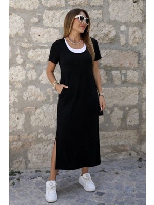 byasafkids Kadın Kısa Kollu Içi Atlet Görünümlü Yandan Yırtmaçlı Uzun Viskon Elbise