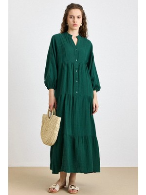Olcay Yarasa Kol Düğme Detaylı Müslin Salaş Elbise Zümrüt 9330-E