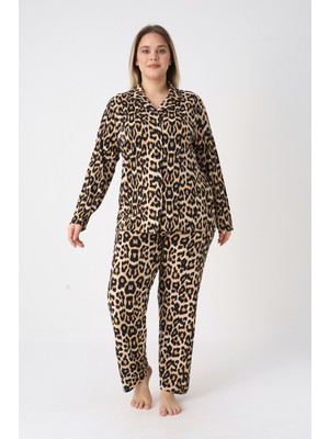 Estiva Kadın Kaplan Desenli Kahverengi Önden Düğmeli Soft Battal Pijama Takımı