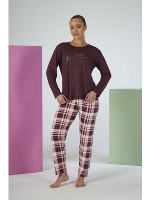 Estiva Kadın Kareli Alt Desenli Mürdüm Uzun Kollu Soft Pijama Takımı