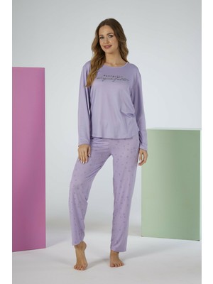 Estiva Kadın Yıldız Alt Desenli Lila Soft Uzun Kollu Pijama Takımı