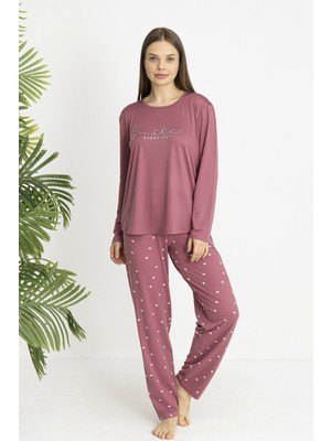 Estiva Kadın Kalp Alt Desenli Soft Uzun Kollu Pijama Takımı