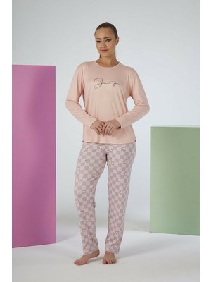 Estiva Kadın Kareli Alt Desenli Soft Uzun Kollu Pijama Takımı