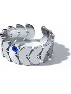 Cesicey Yaprak Model Ayarlanabilir Çelik Yüzük Gümüş Renk Nazar Detaylı