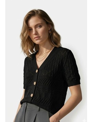 Irmak Kerekli Kadın Organik Pamuk Ahşap Düğmeli Kısakollu Ajurlu Triko Hırka 7256 Siyah