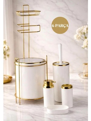 Okyanus Home Yuvarlak Gold Yedekli Wc Kağıtlık ve 6 Parça Banyo Seti - Kırık Beyaz