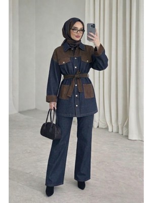 Tesettür Diyarı Kadın Kuşaklı Denim Tesettür Takım- Kahverengi Lacivert