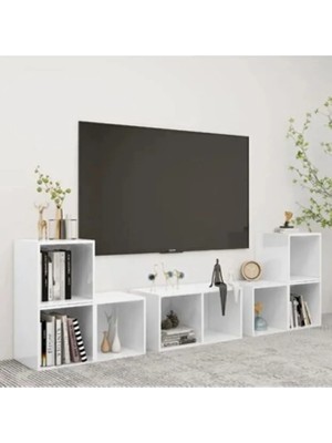 T Designo Tdesıgno Gülan Kitaplıklı Televizyon Sehpası - Ünitesi -Kitaplık-Beyaz 180 cm 8 Raflı