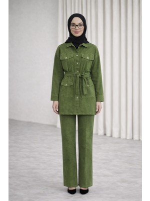Tesettür Diyarı Kadın Kuşaklı Denim Tesettür Takım- Yeşil