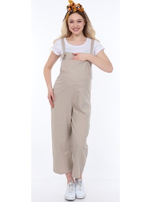 Luvmabelly MYRA6101 Bej Hamile Salopet Kısa Kol Pamuklu Kumaş ile Şık Günlük Stil
